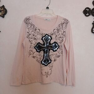 Cato Pink Long Sleeve Top with Sequin Cross